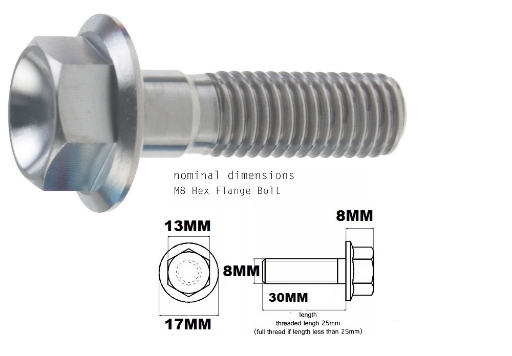 M8X30MM 1.25 THREAD PITCH TITANIUM FLANGE 13MM HEX BOLT GRADE 5